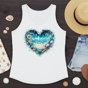Beach Tank Top | The Sea Is Calling Graphic | Ocean Lover Heart Seashell Shirt